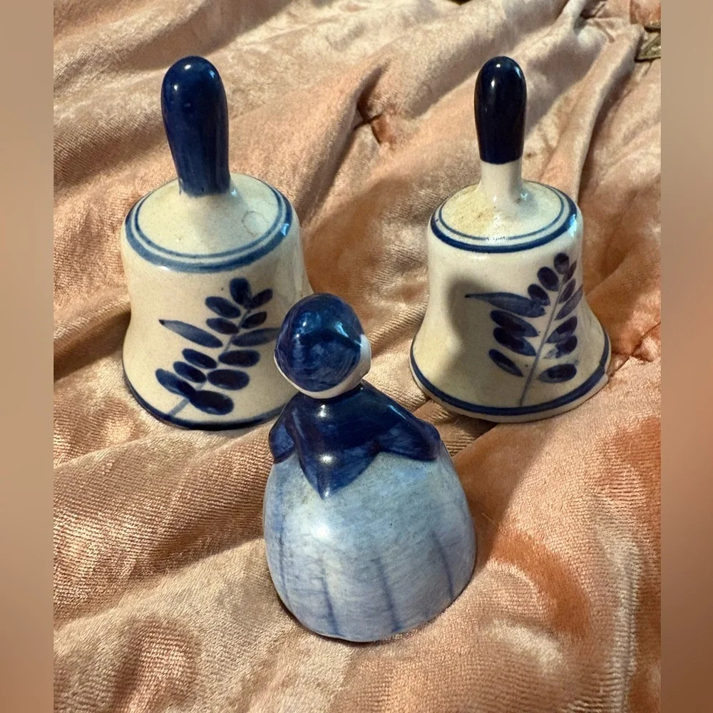 3 Dutch Delft Blue Bells Hand Painted Holland Netherlands MilkMaid Vintage Set